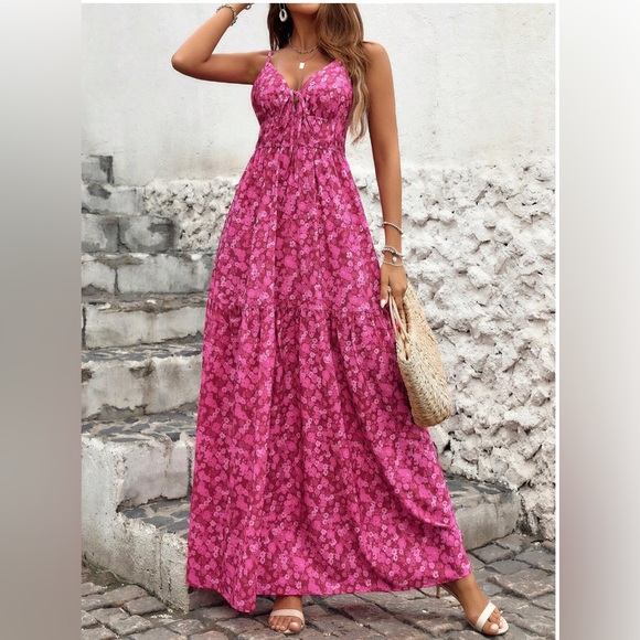 Boho Floral V-Neck Dress With Ruffle Wide Hem Pink - Picture 2 of 9